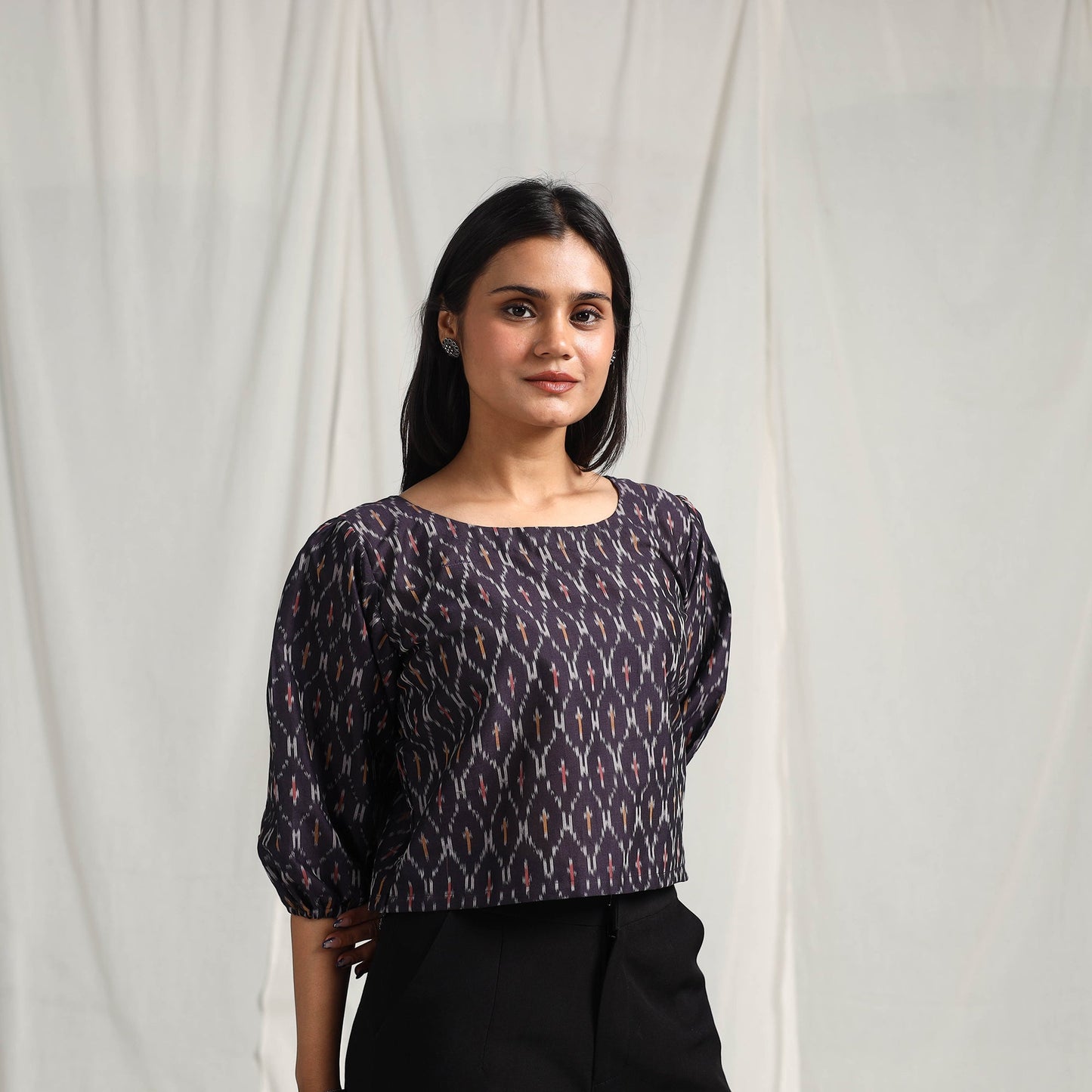  Blue Mercerised Cotton Pochampally Ikat Crop Top