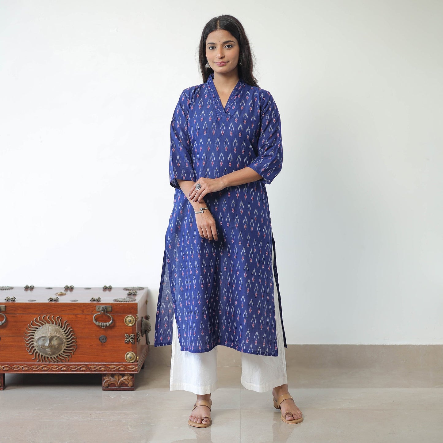 Blue - Mercerised Cotton Pochampally Ikat Kurta (Straight) 15