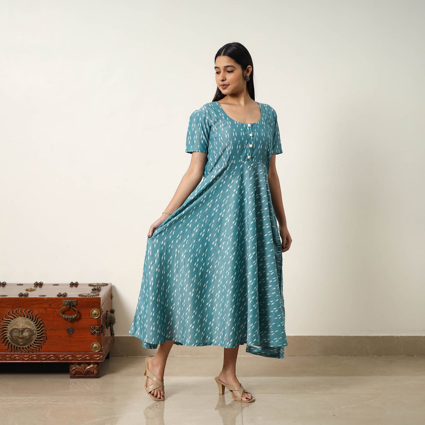 Buy Mercerized Cotton Flared Pochampally Ikat Dress