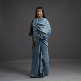 Buy Blue Merino Wool Block Print Ajrakh Saree with Tassels