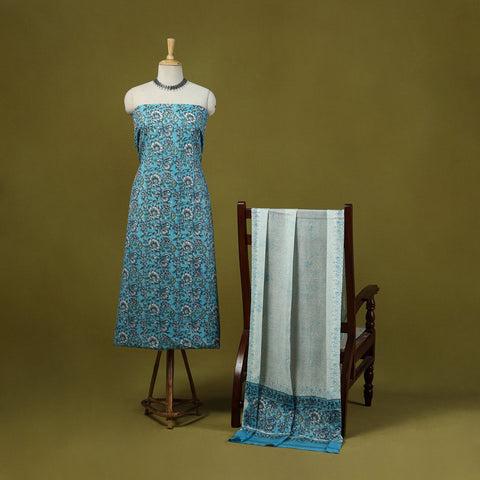 Blue - merino wool sanganeri 3pc unstitched dress material