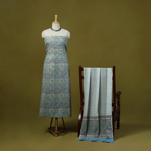 Blue - merino wool sanganeri 3pc unstitched dress material