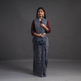 Blue - merino wool saree with tassels 04 - handcrafted