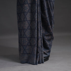 Blue - merino wool saree with tassels 04 - handcrafted