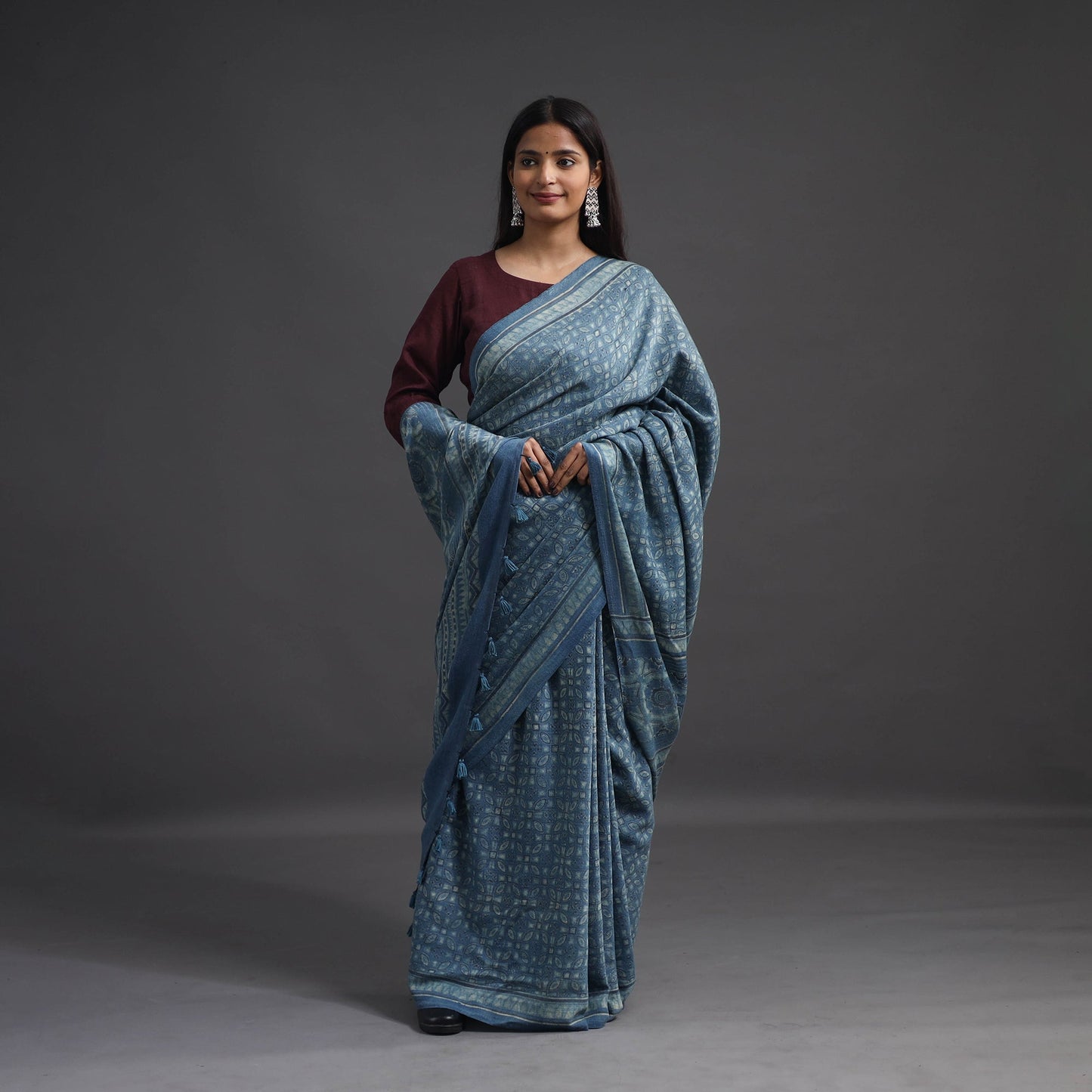 Buy Blue Merino Wool Block Print Ajrakh Saree with Tassels