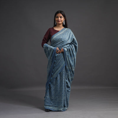 Buy Blue Merino Wool Block Print Ajrakh Saree with Tassels