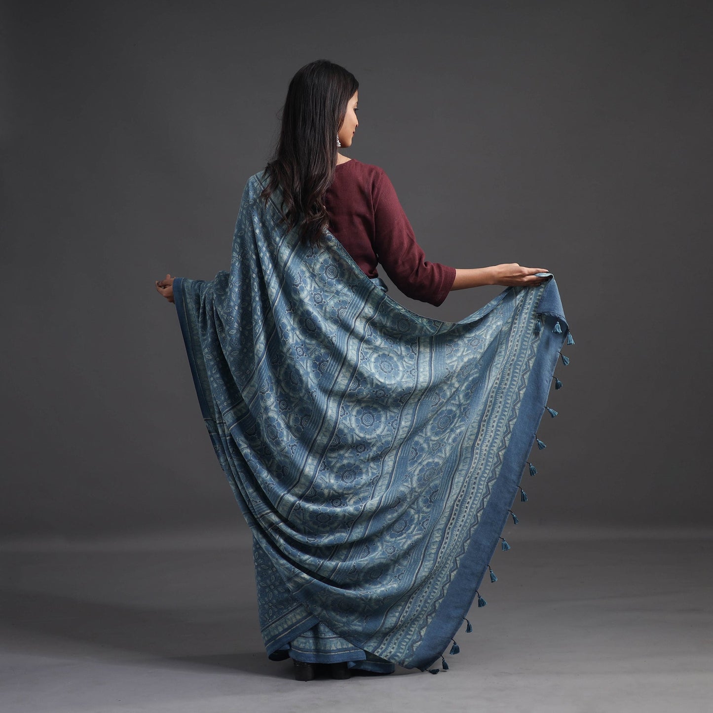 Buy Blue Merino Wool Block Print Ajrakh Saree with Tassels