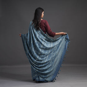 Buy Blue Merino Wool Block Print Ajrakh Saree with Tassels