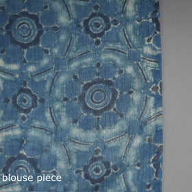 Buy Blue Merino Wool Block Print Ajrakh Saree with Tassels