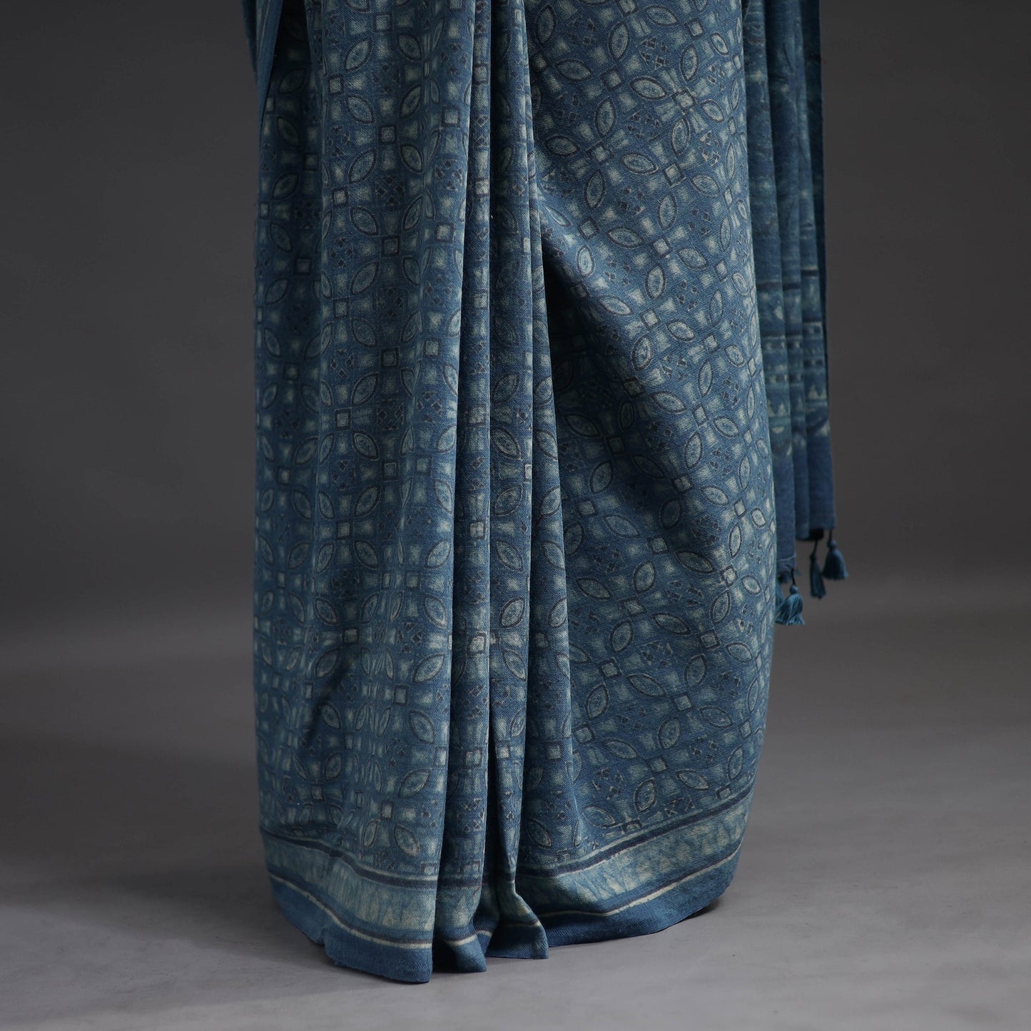 Buy Blue Merino Wool Block Print Ajrakh Saree with Tassels