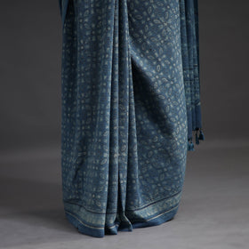 Buy Blue Merino Wool Block Print Ajrakh Saree with Tassels