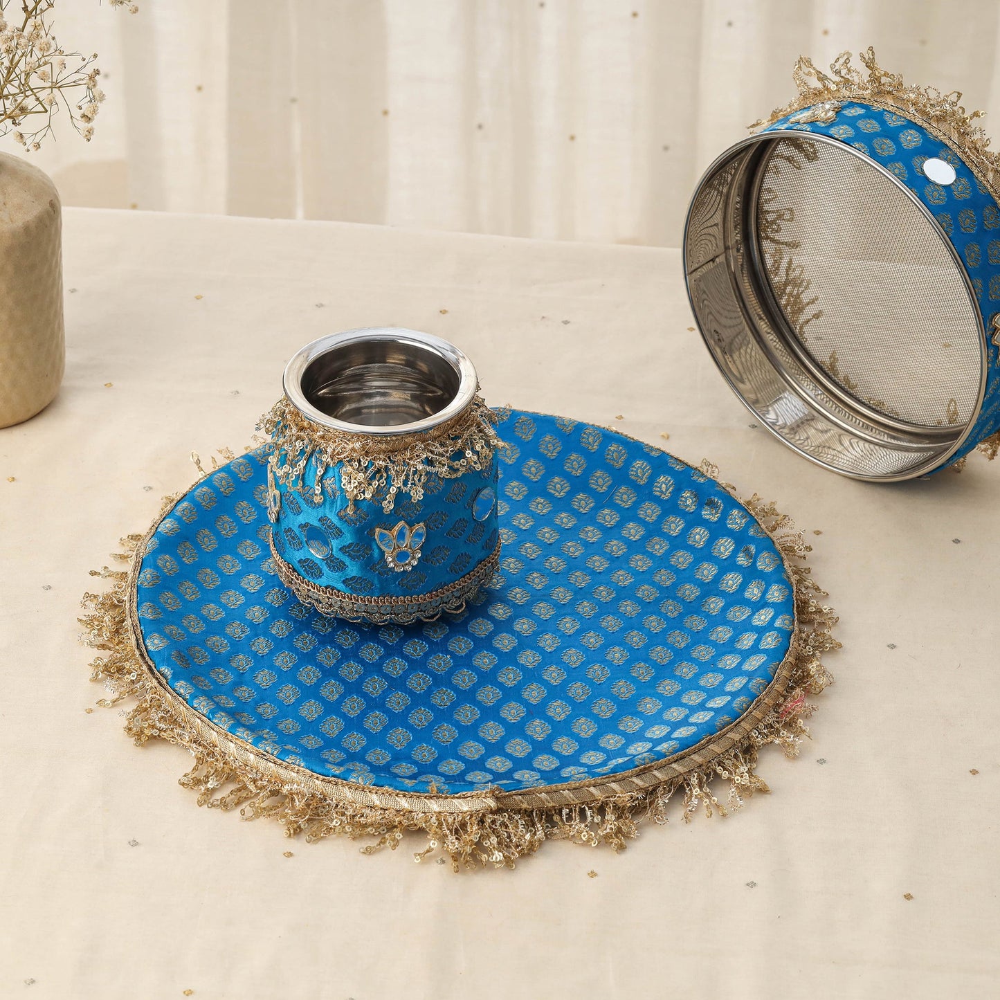 Blue mirror karwa chauth thali set 03 - handcrafted
