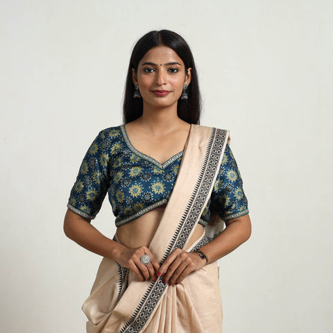 Blue - modal silk stitched blouse 01 - handcrafted