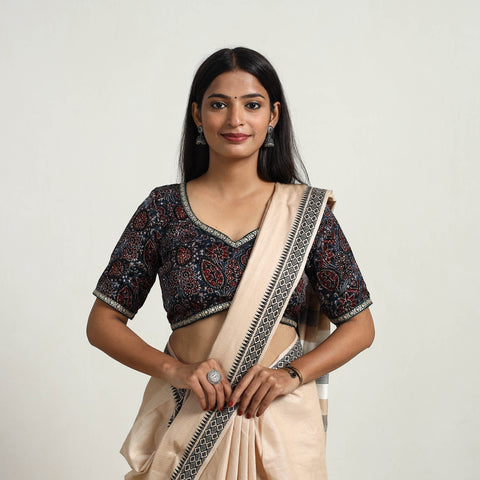 Blue Modal Silk Block Print Stitched Ajrakh Blouse Online