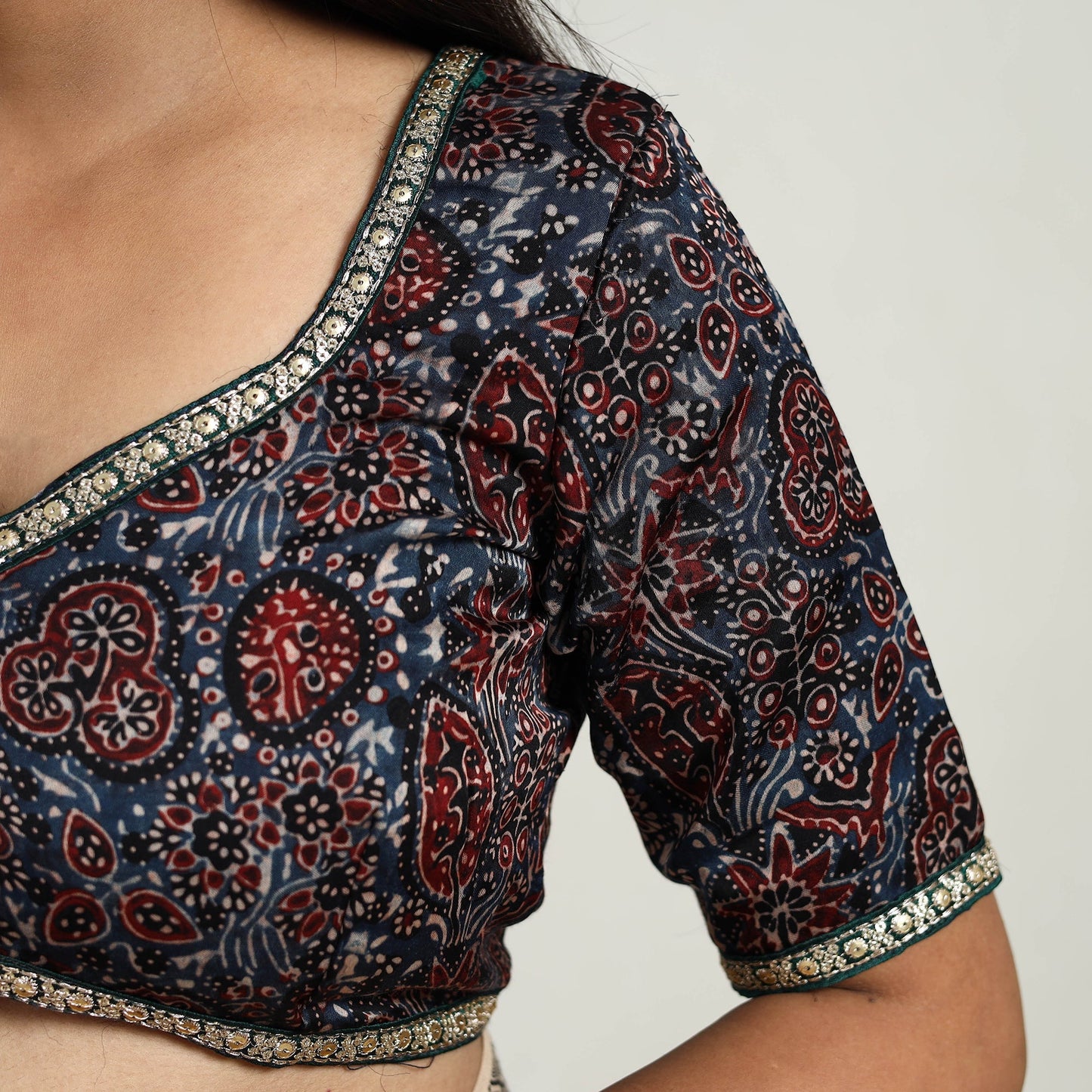 Blue Modal Silk Block Print Stitched Ajrakh Blouse Online