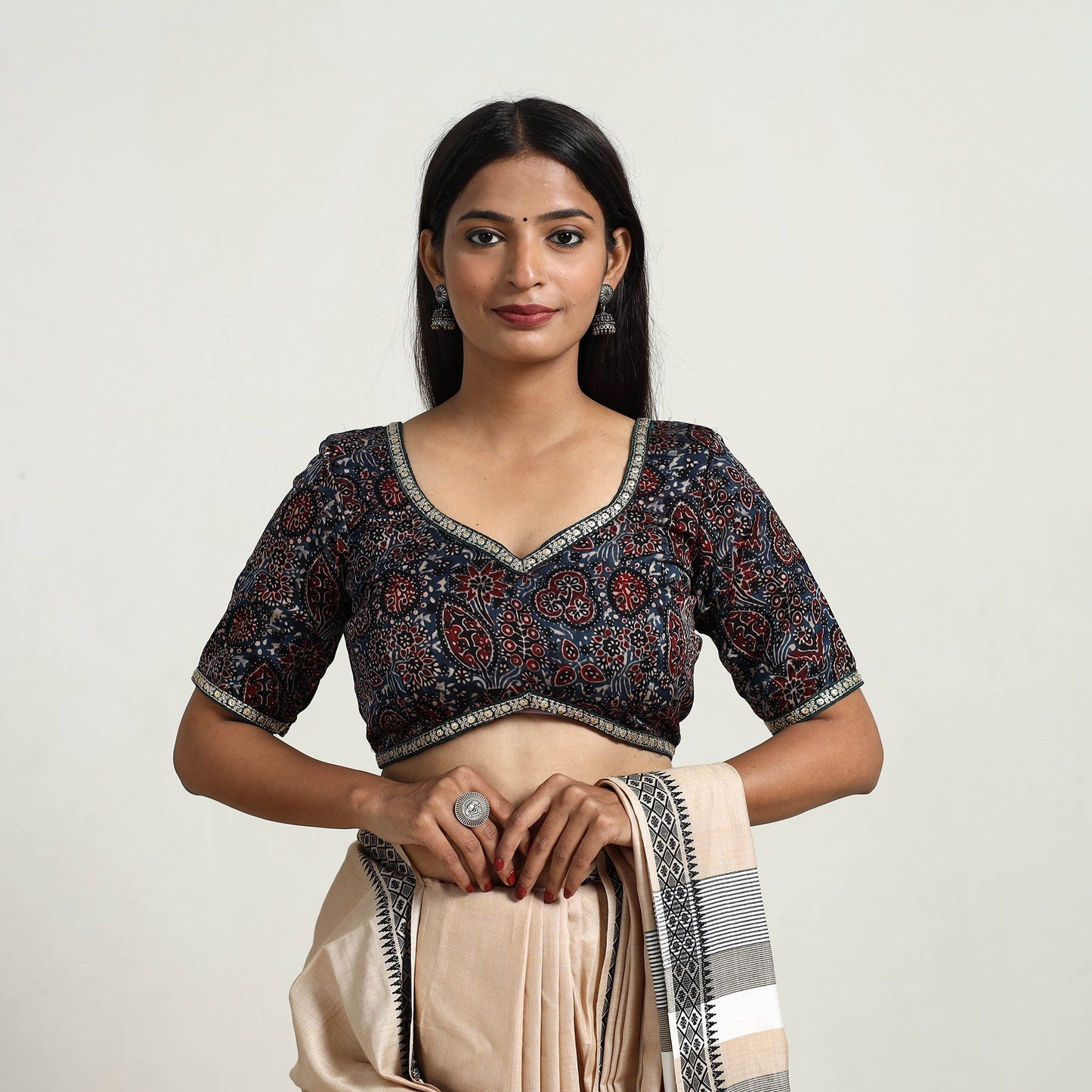 Blue Modal Silk Block Print Stitched Ajrakh Blouse Online
