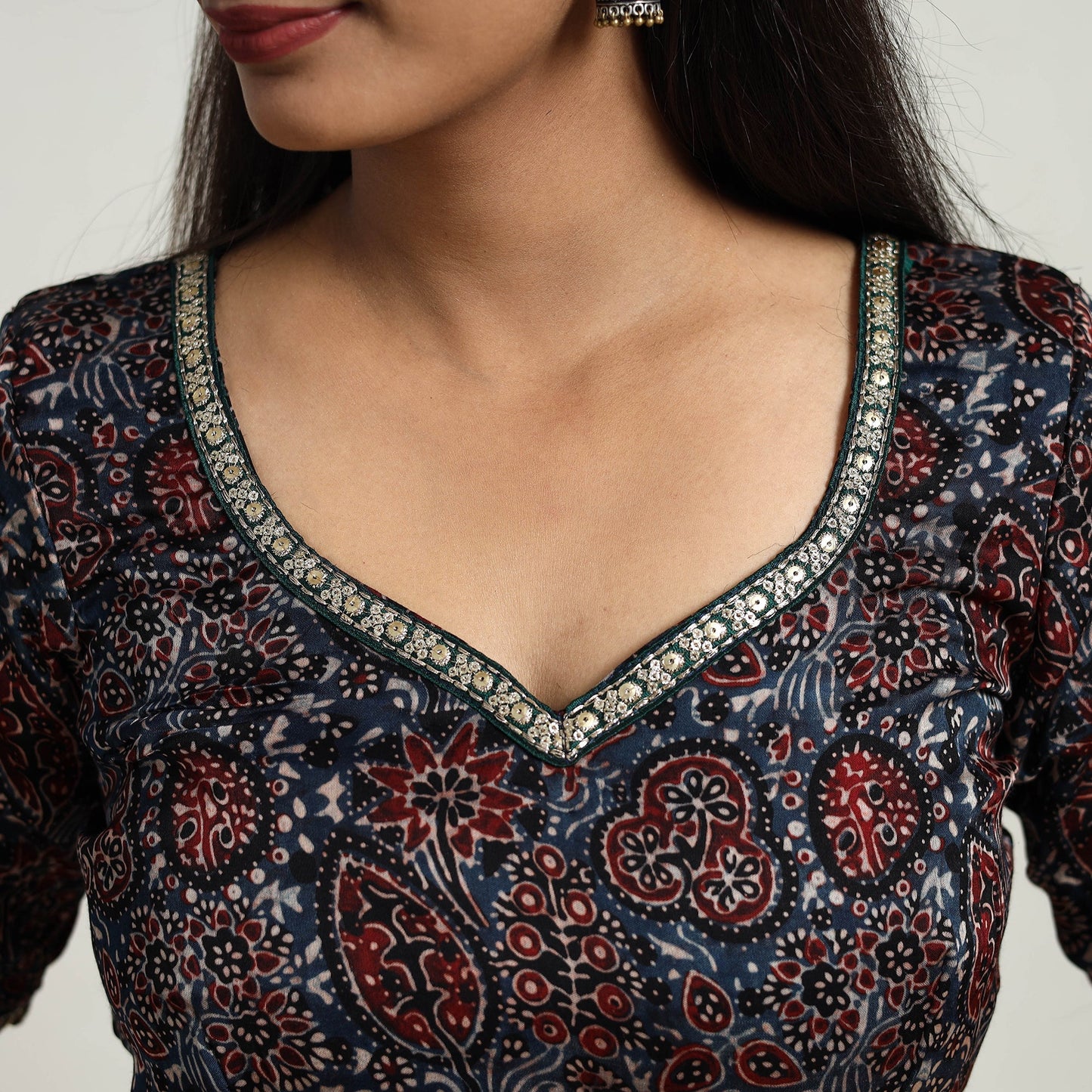 Blue Modal Silk Block Print Stitched Ajrakh Blouse Online