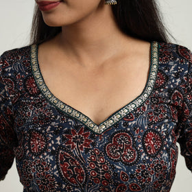 Blue Modal Silk Block Print Stitched Ajrakh Blouse Online