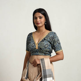 Blue Modal Silk Block Print Stitched Ajrakh Blouse Online