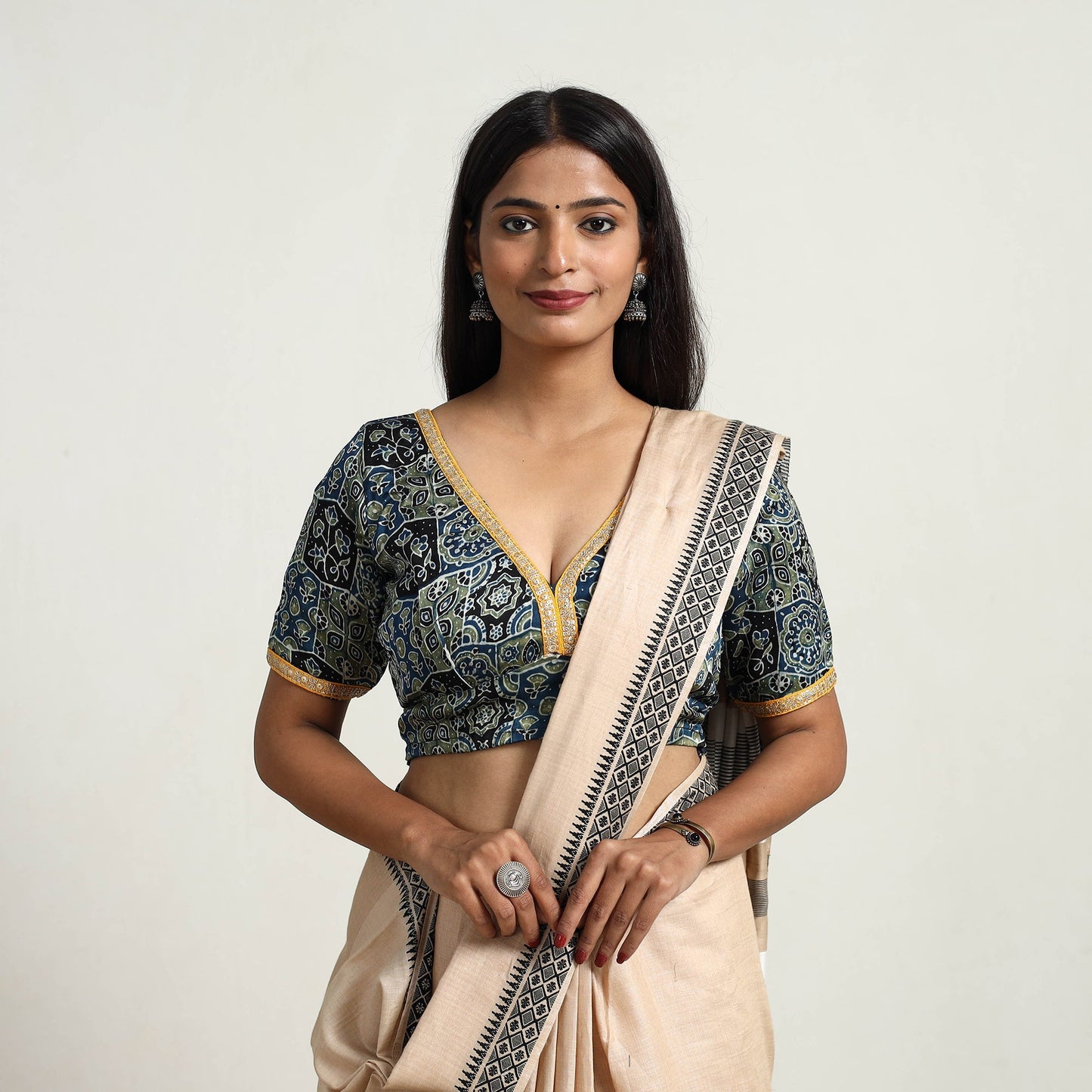 Blue Modal Silk Block Print Stitched Ajrakh Blouse Online