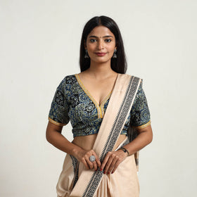 Blue Modal Silk Block Print Stitched Ajrakh Blouse Online