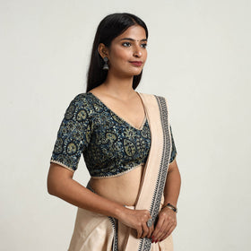Blue Modal Silk Block Print Stitched Ajrakh Blouse Online