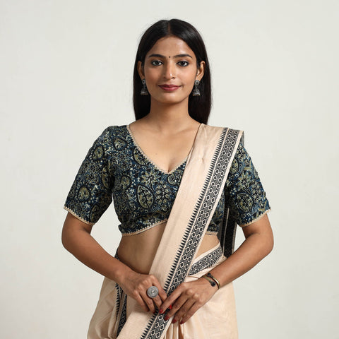 Blue Modal Silk Block Print Stitched Ajrakh Blouse Online