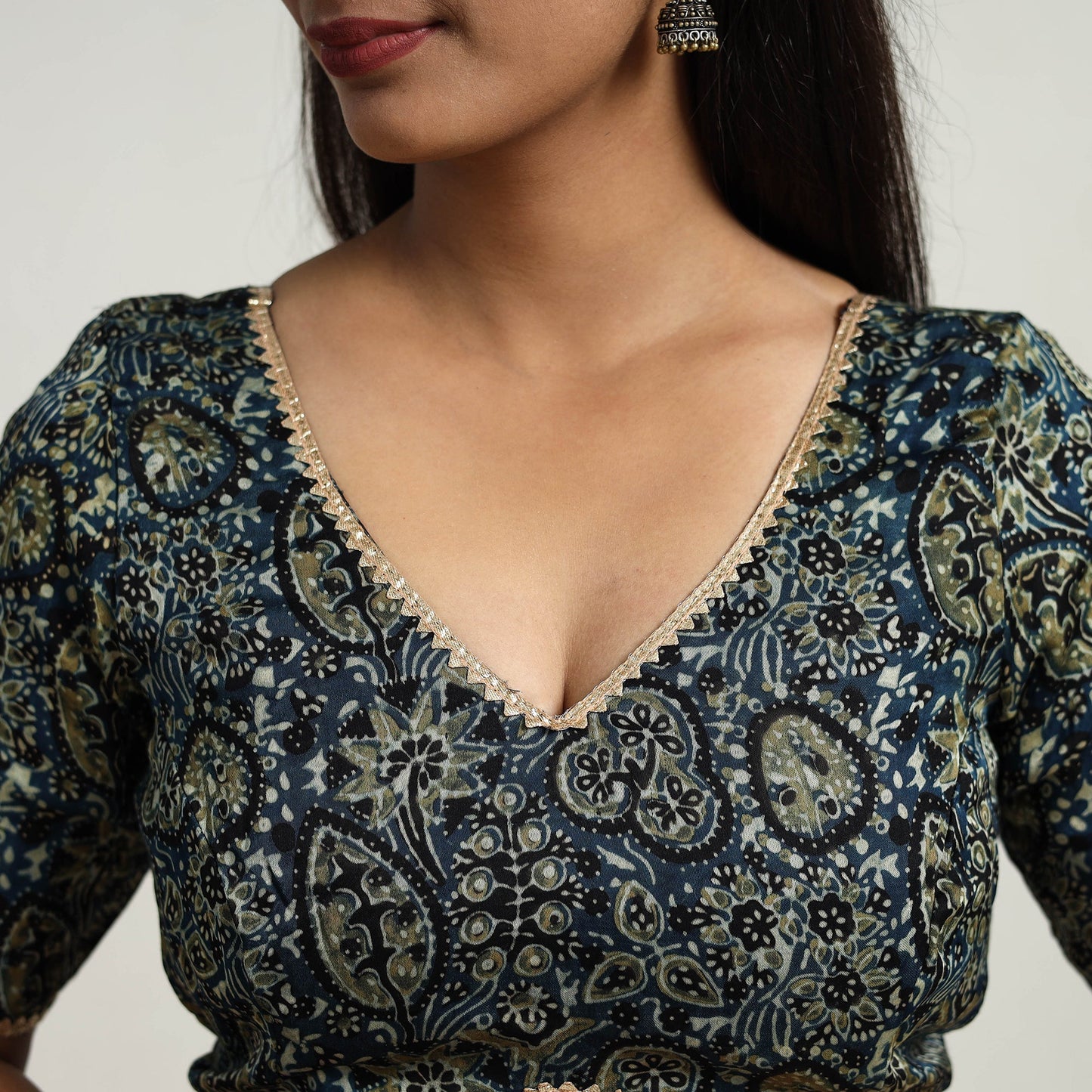 Blue Modal Silk Block Print Stitched Ajrakh Blouse Online