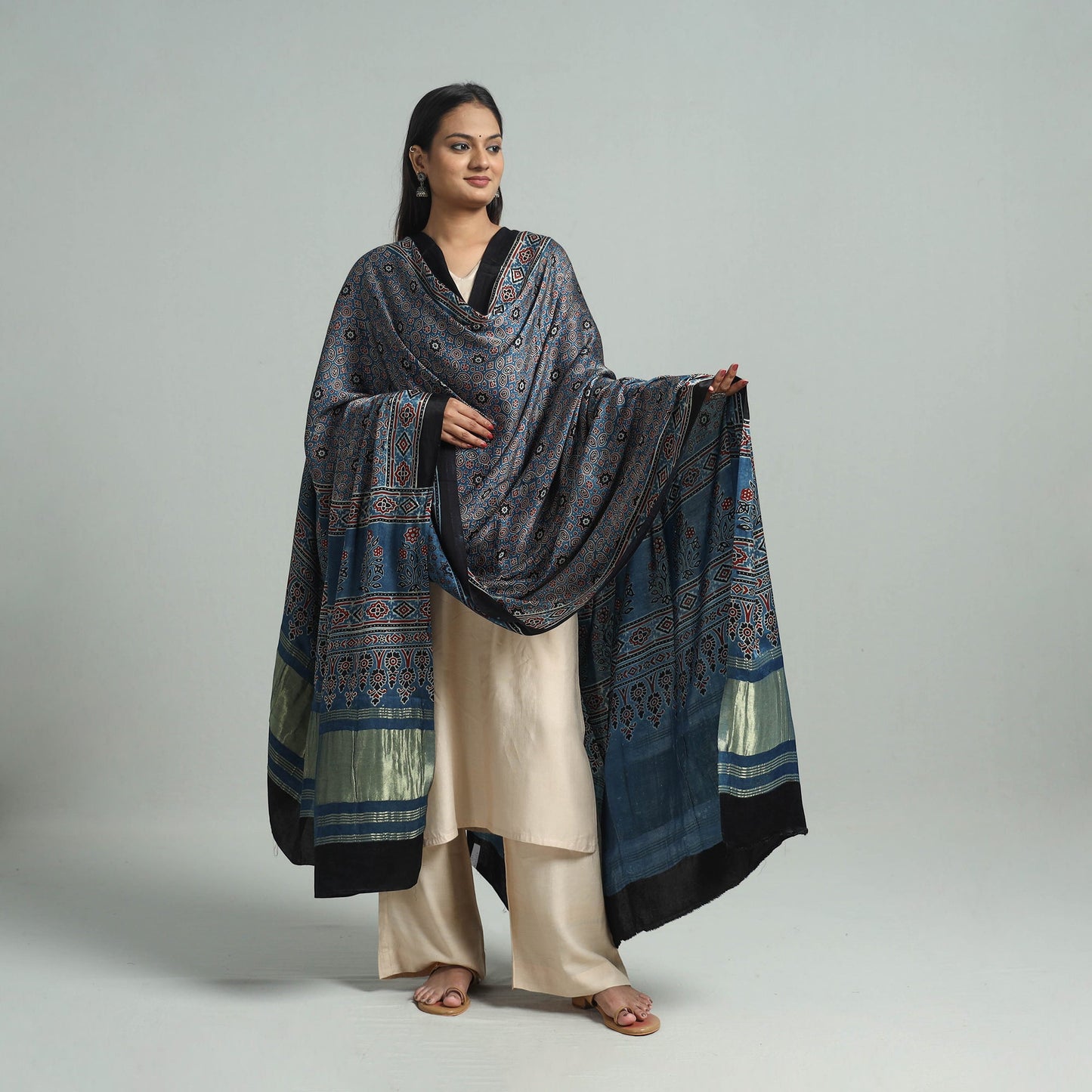 Blue - modal silk dupatta 03 - handcrafted
