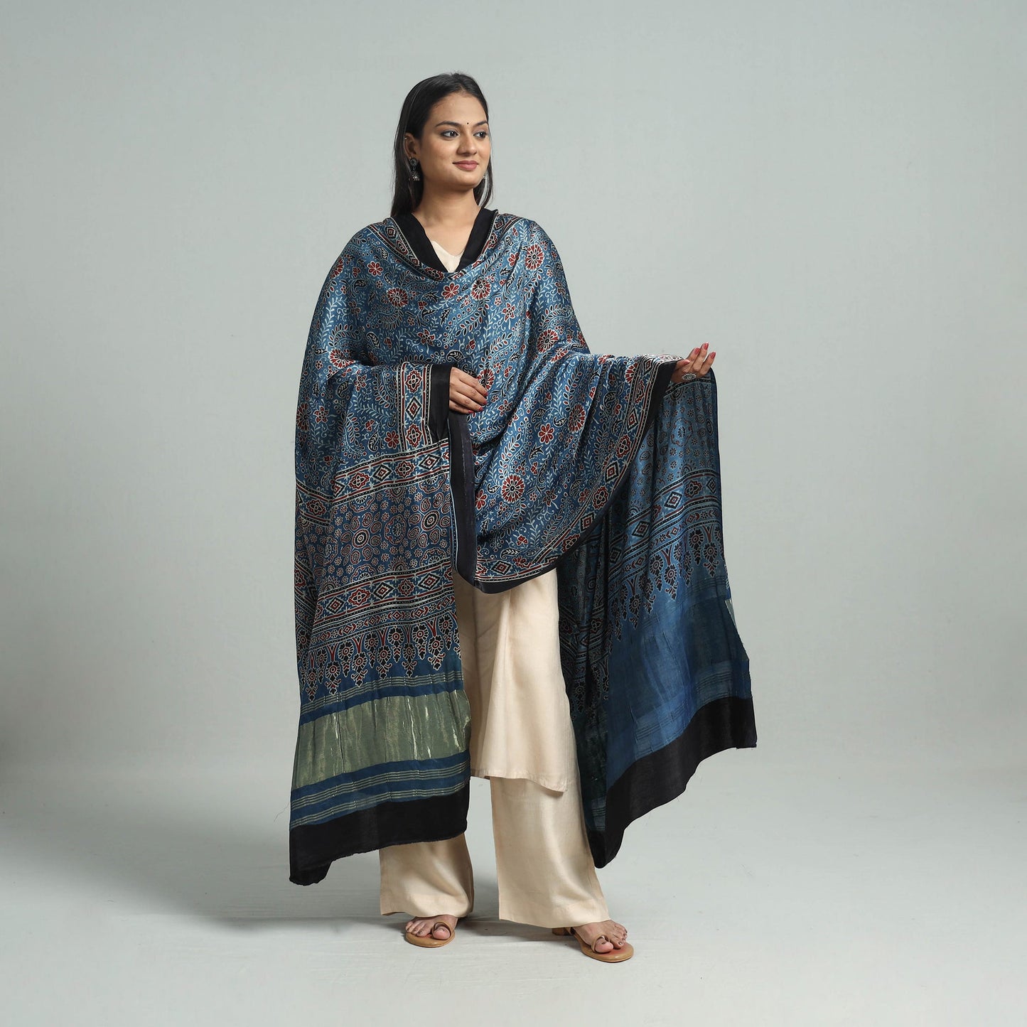 Blue - modal silk dupatta 04 - handcrafted
