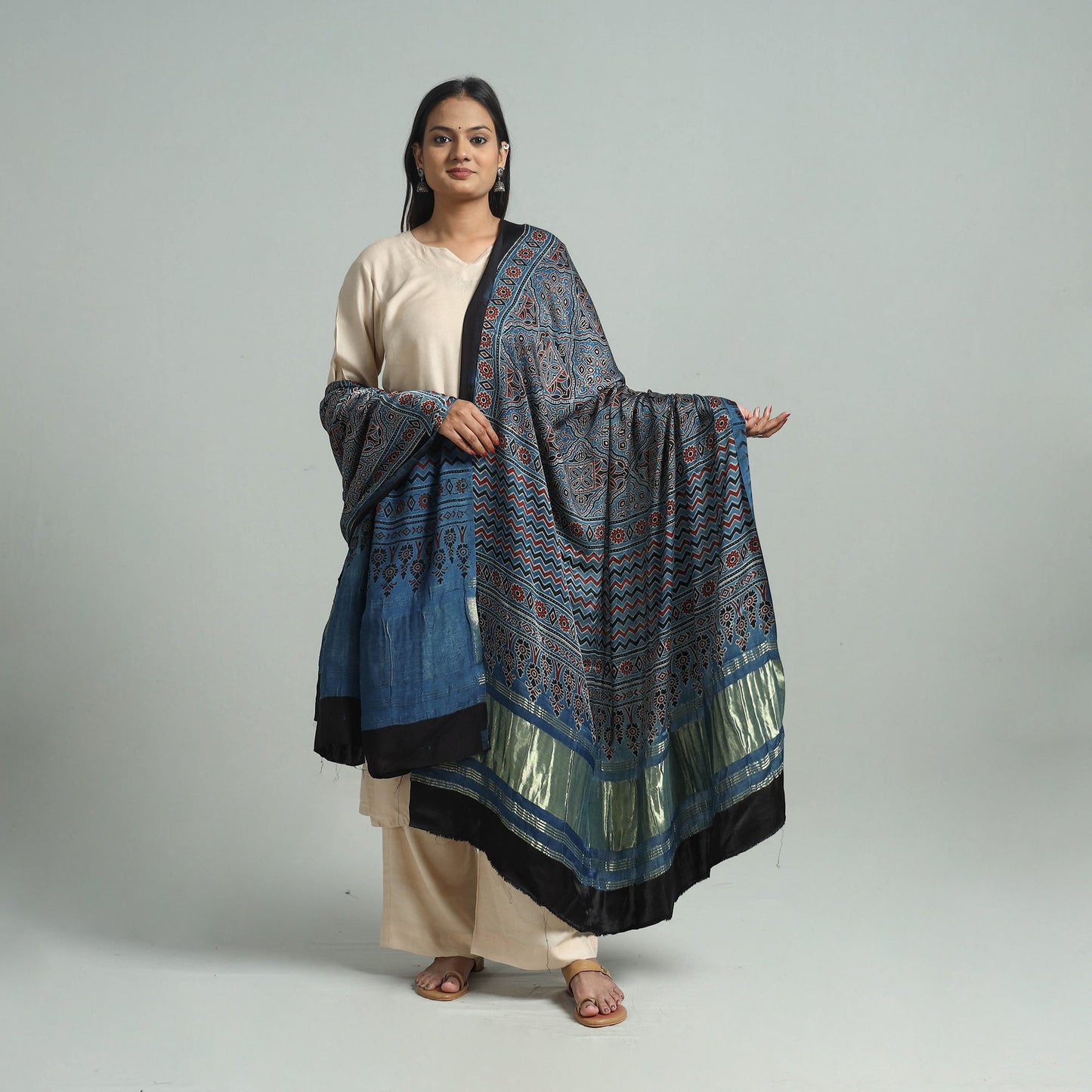 Blue - modal silk dupatta 27 - handcrafted
