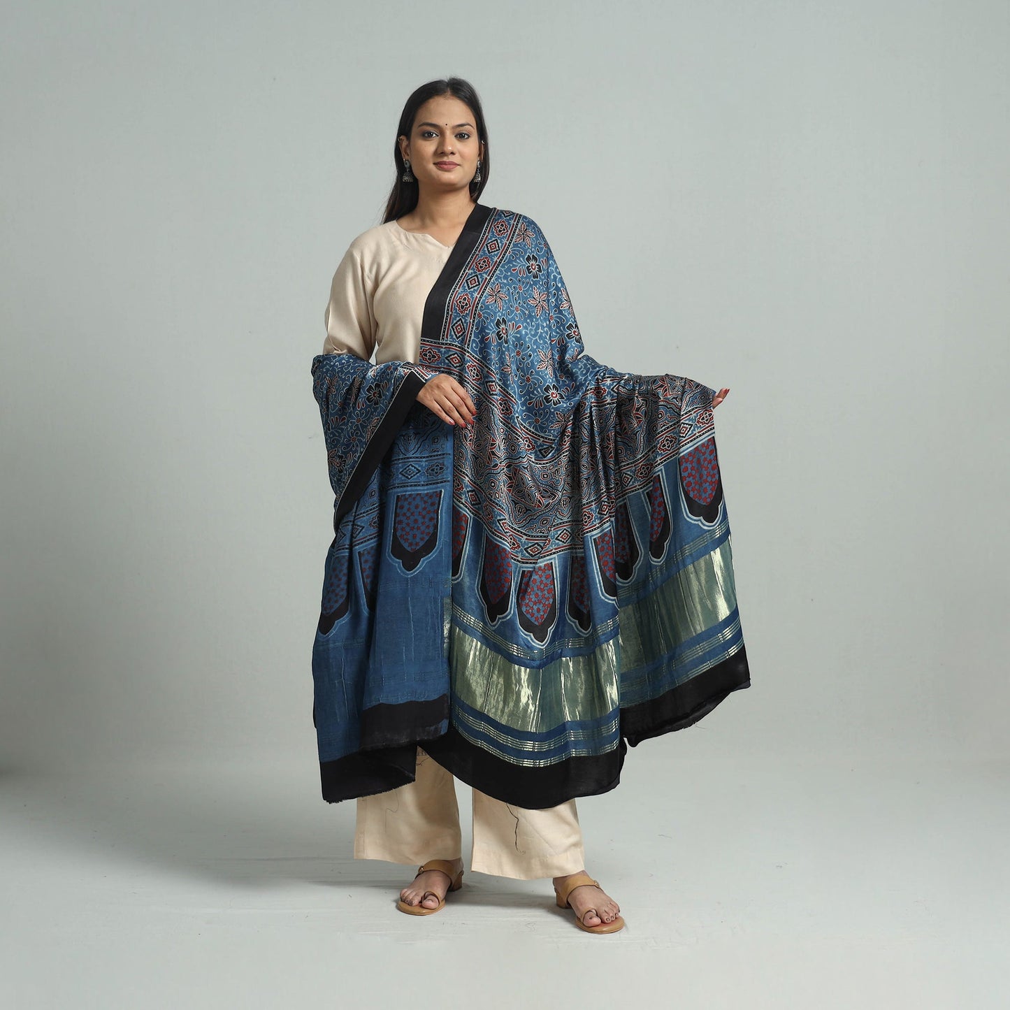 Blue - modal silk dupatta 52 - handcrafted