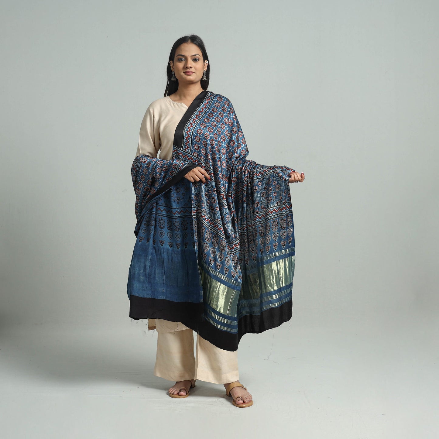 Buy Modal Silk Block Print Ajrakh Dupatta