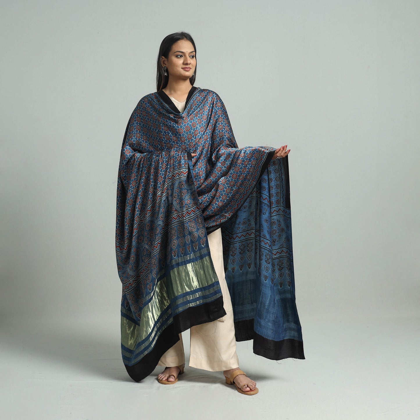 Buy Modal Silk Block Print Ajrakh Dupatta