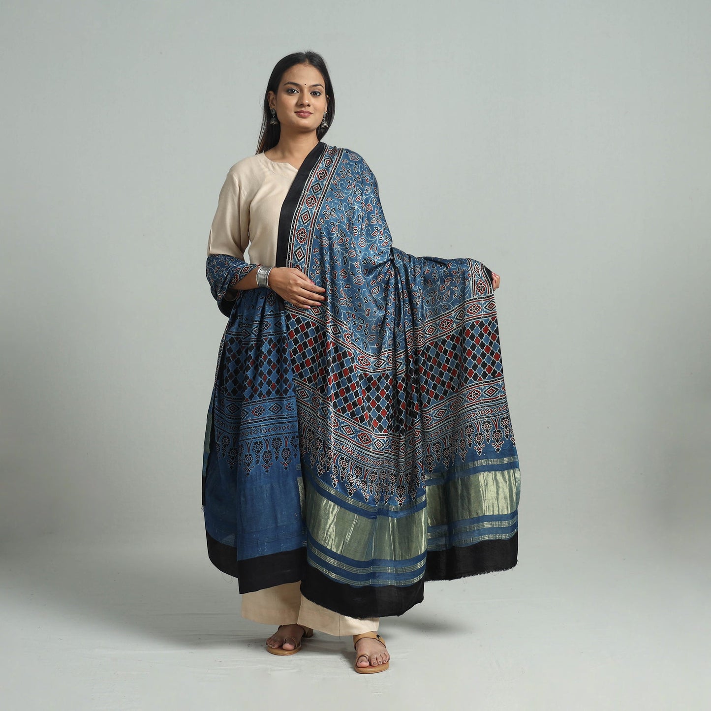 Blue - modal silk dupatta 62 - handcrafted