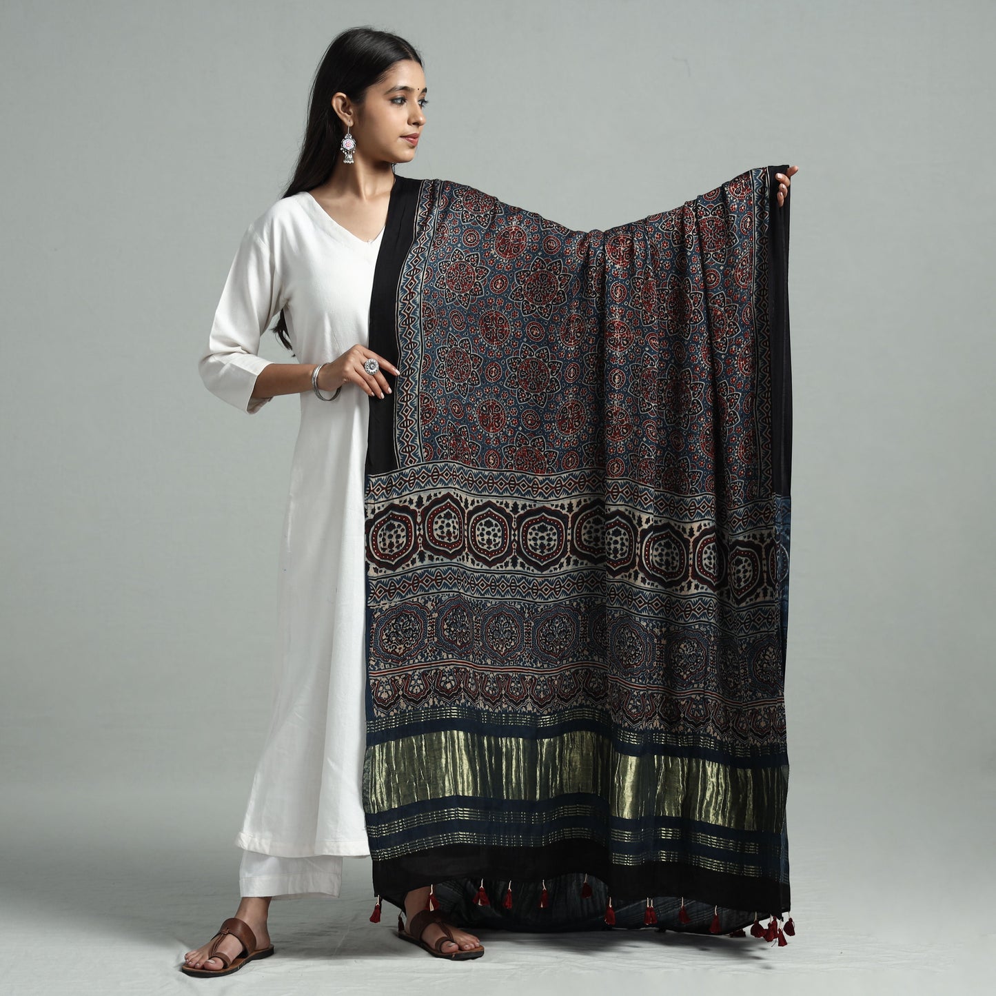 Buy Modal Silk Block Print Ajrakh Dupatta