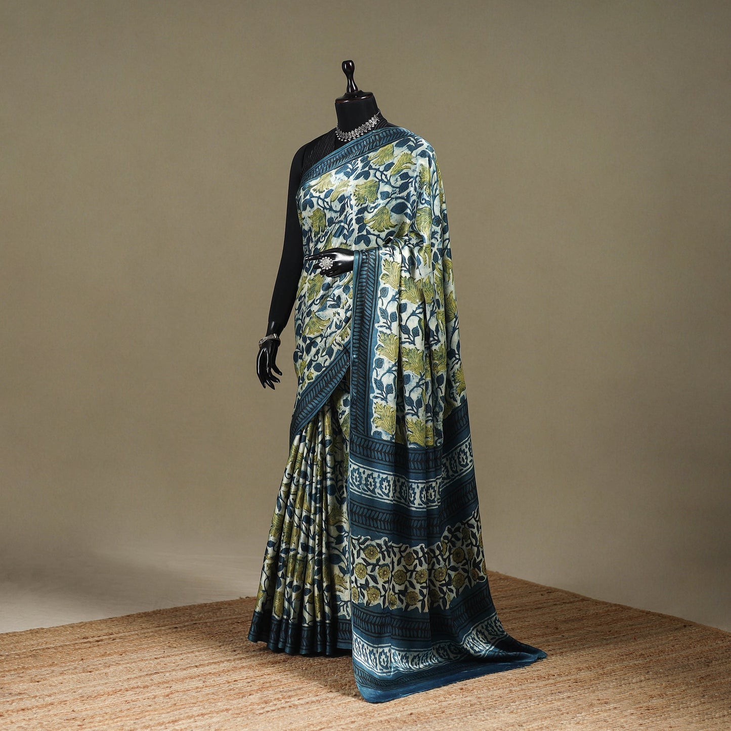 Blue - modal silk hand bagru saree 12 - handcrafted