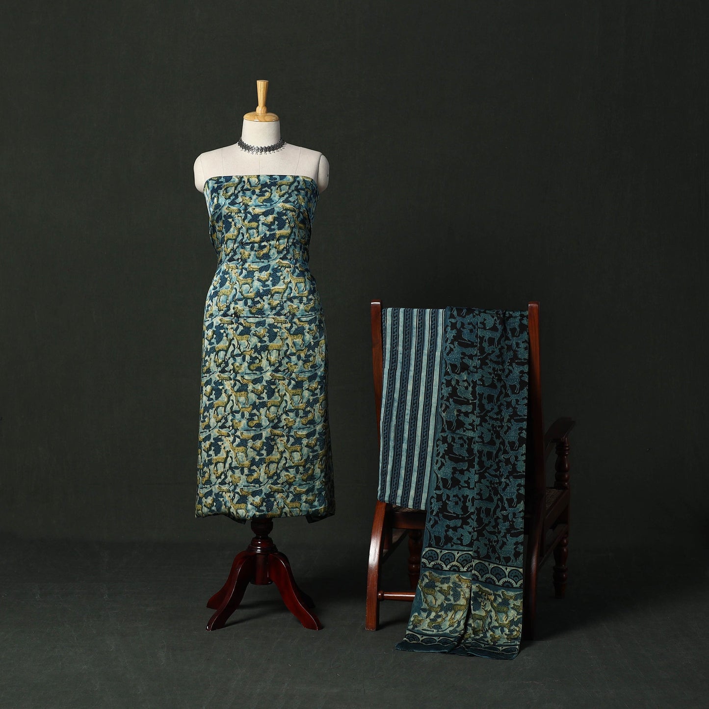 Modal silk hand block bagru print 3pc unstitched dress