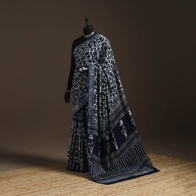 Modal silk hand indigo bagru saree 39 - handcrafted
