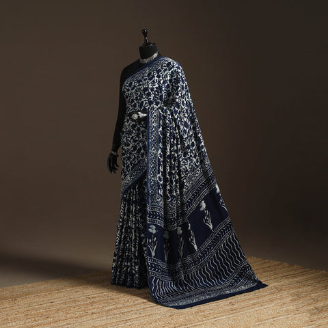 Modal silk hand indigo bagru saree 39 - handcrafted