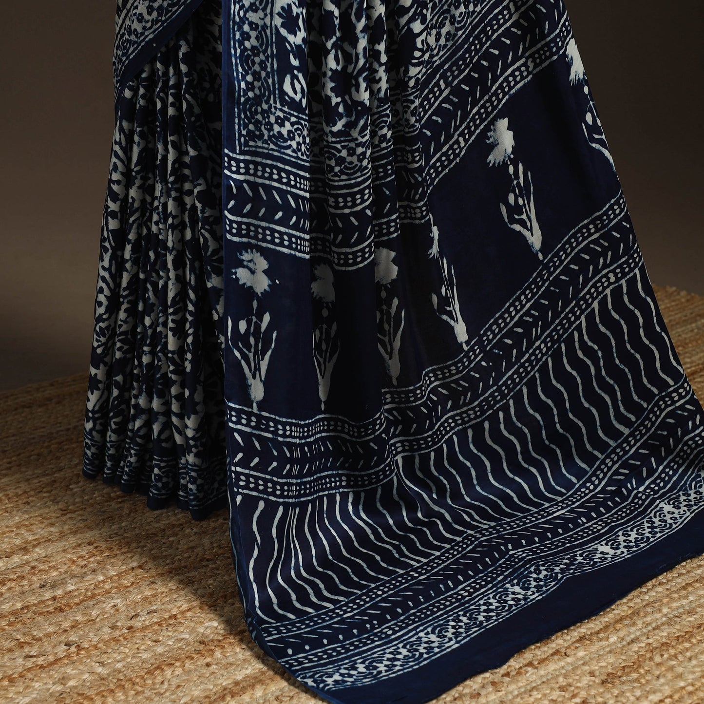 Modal silk hand indigo bagru saree 39 - handcrafted