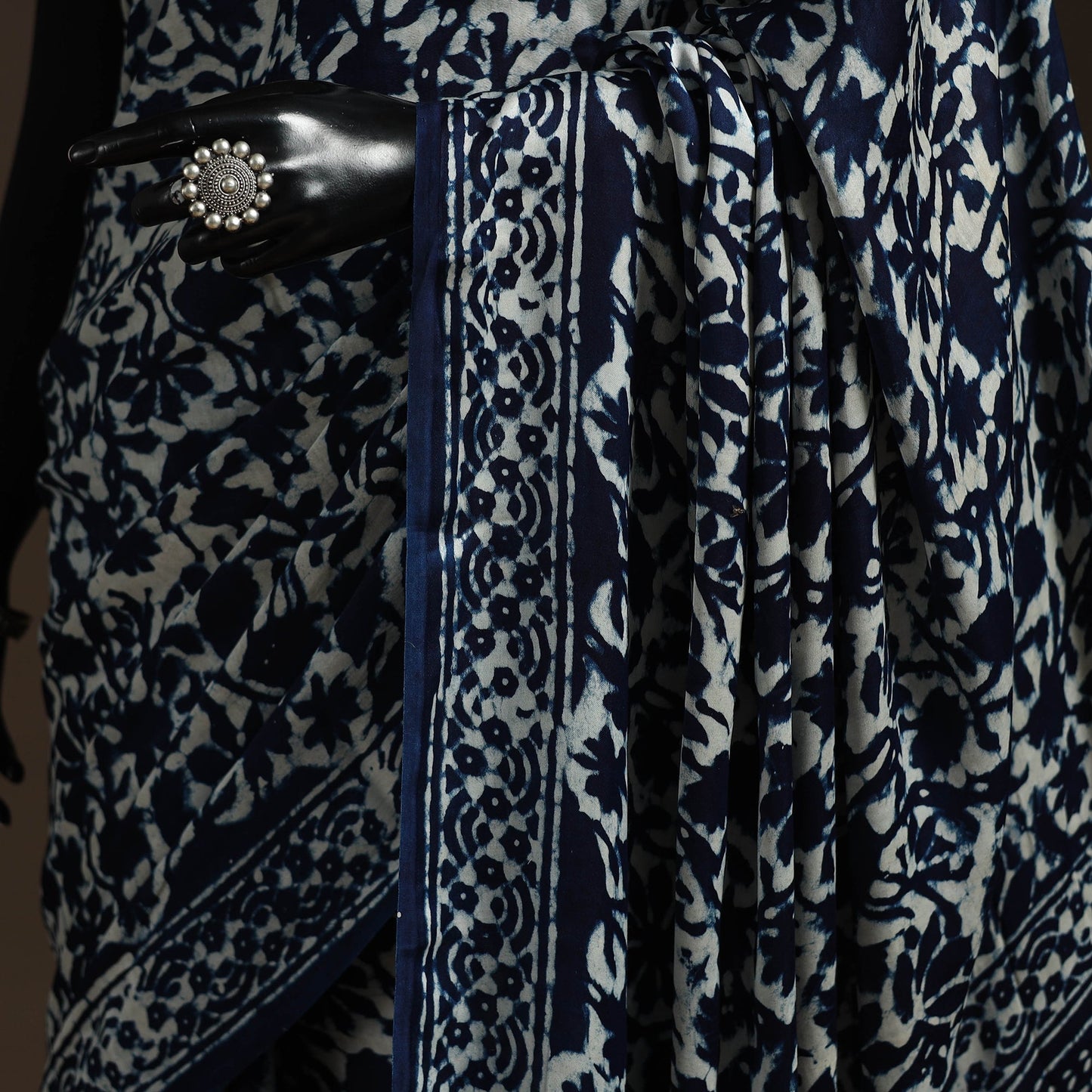 Modal silk hand indigo bagru saree 39 - handcrafted