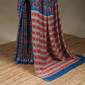 Blue - modal silk hand sanganeri saree 01 - handcrafted