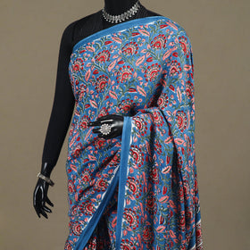 Blue - modal silk hand sanganeri saree 01 - handcrafted