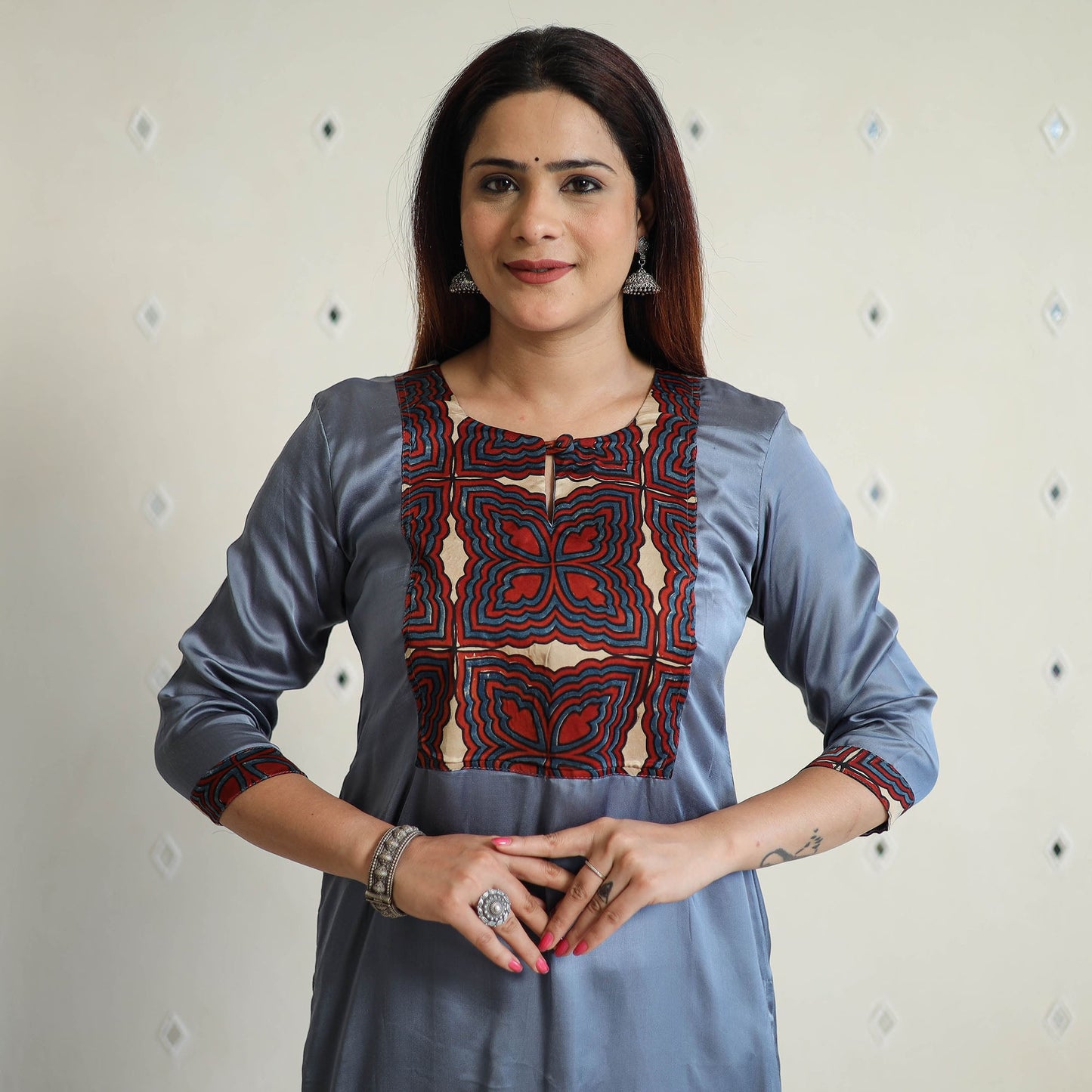 Blue - modal silk plain long straight kurta 36 - handcrafted