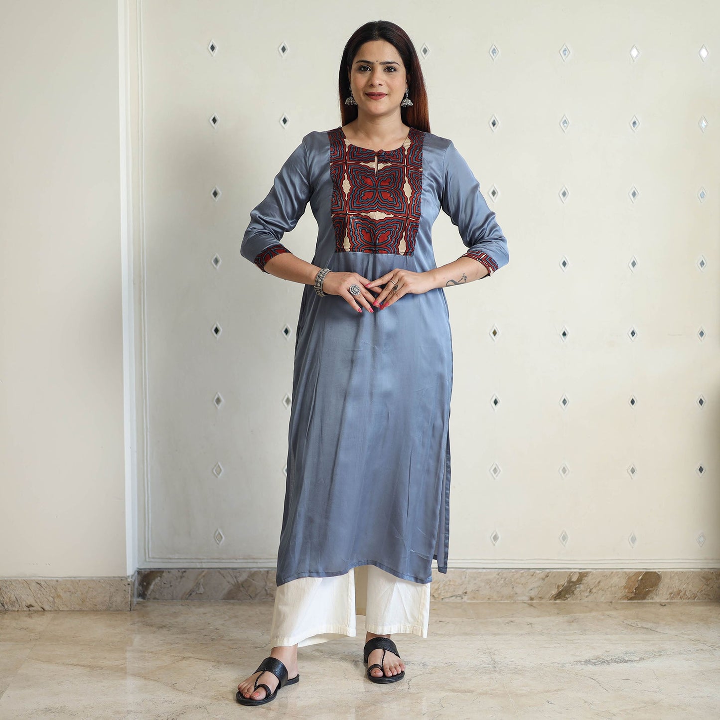 Blue - modal silk plain long straight kurta 36 - handcrafted