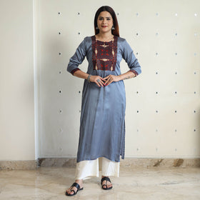 Blue - modal silk plain long straight kurta 36 - handcrafted