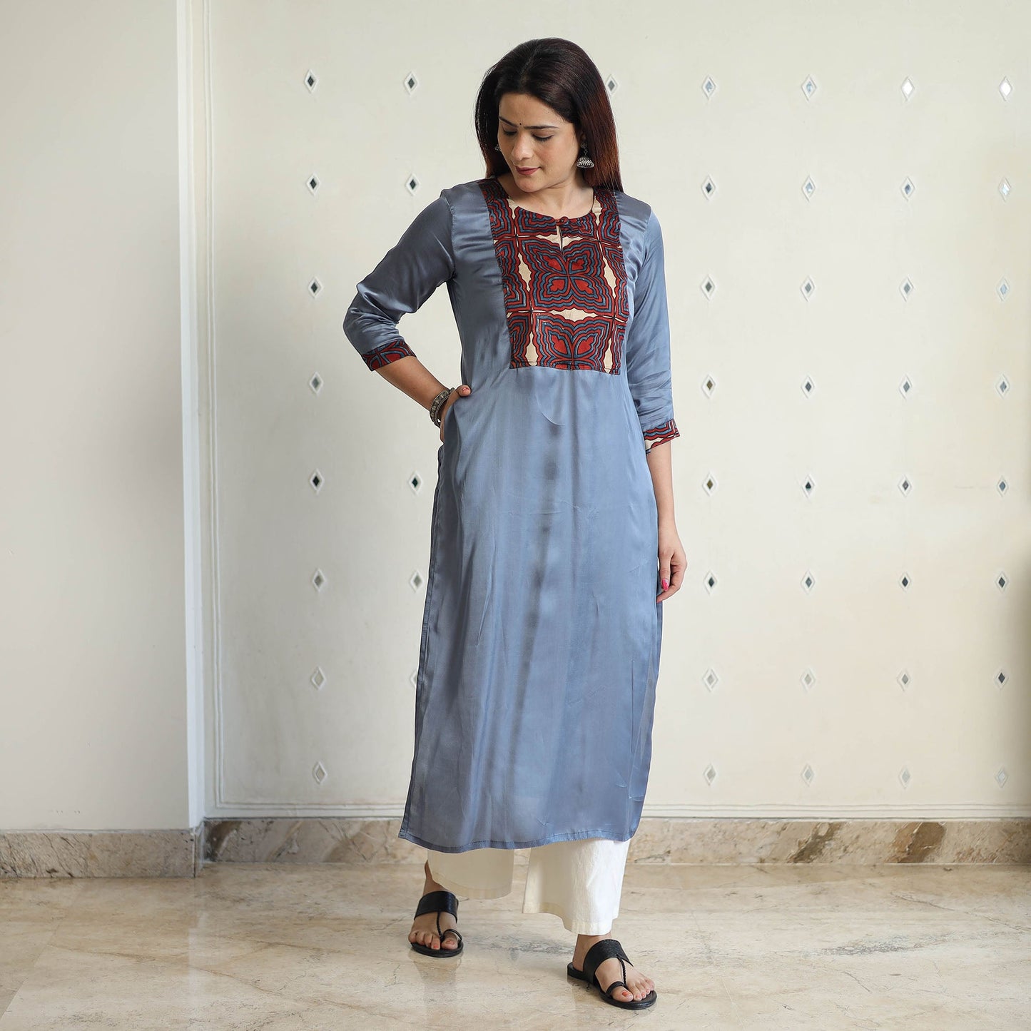 Blue - modal silk plain long straight kurta 36 - handcrafted