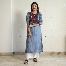 Blue - modal silk plain long straight kurta 36 - handcrafted