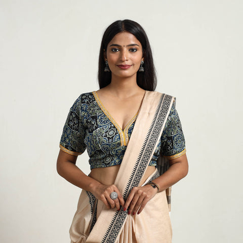 Blue Modal Silk Block Print Stitched Ajrakh Blouse Online